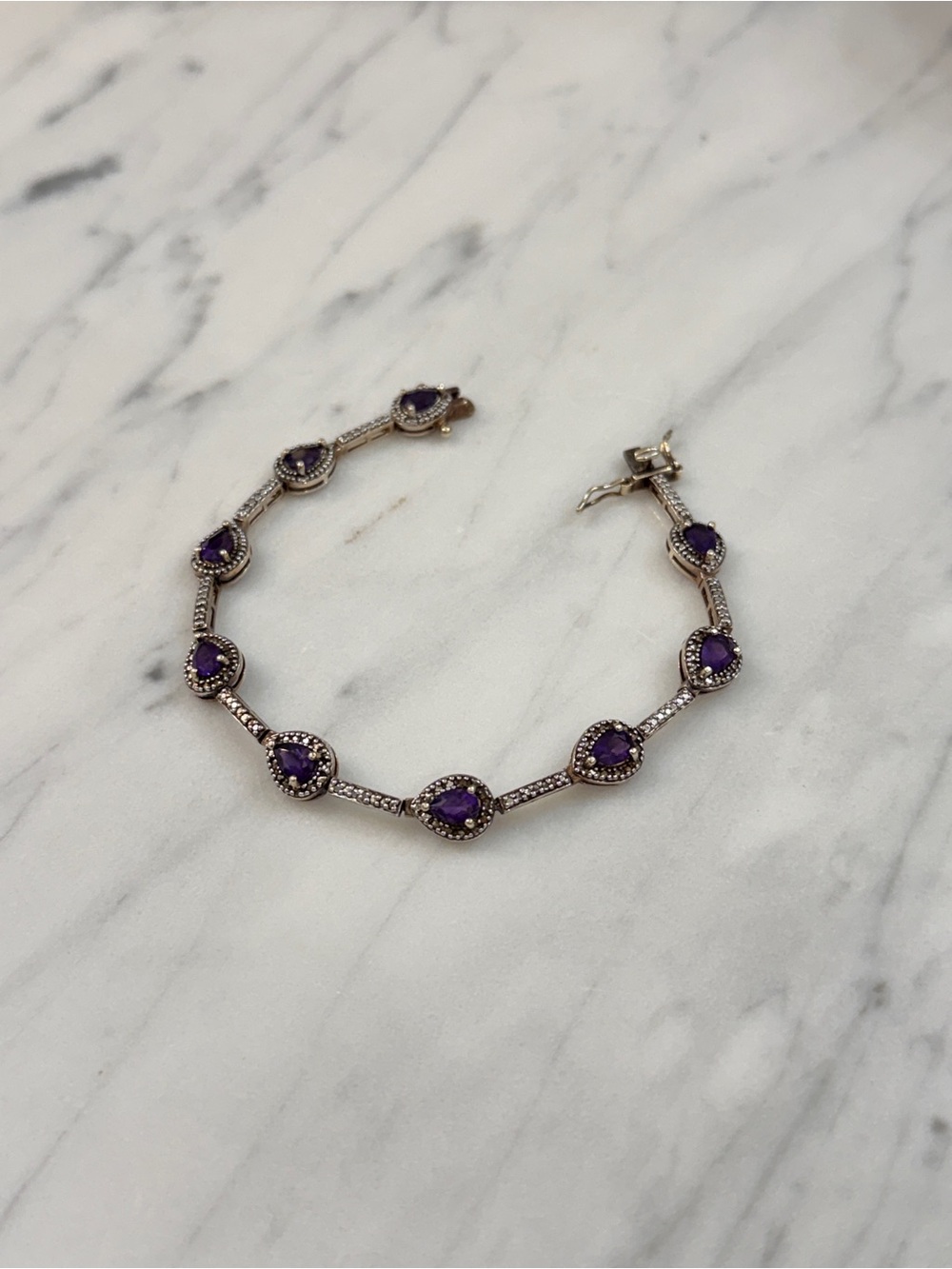 Sterling Silver Gold Overlay Natural Amethyst Teardrop Tennis Bracelet - Picture 3 of 8